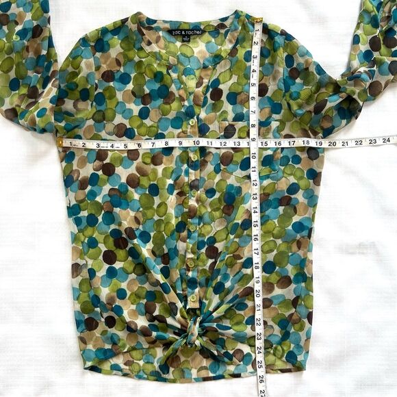 Zac & Rachel Button Tie Bottom Long Sleeve Blue Green Polka Dot Blouse SZ S - Picture 7 of 12